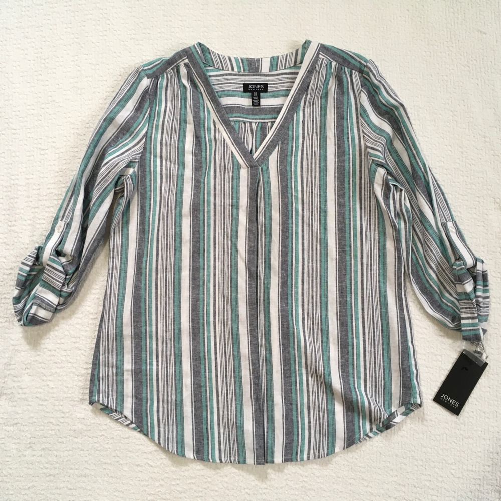 Jones New York Striped Linen Blend Roll Tab Sleeve Coastal Blouse M NEW‎